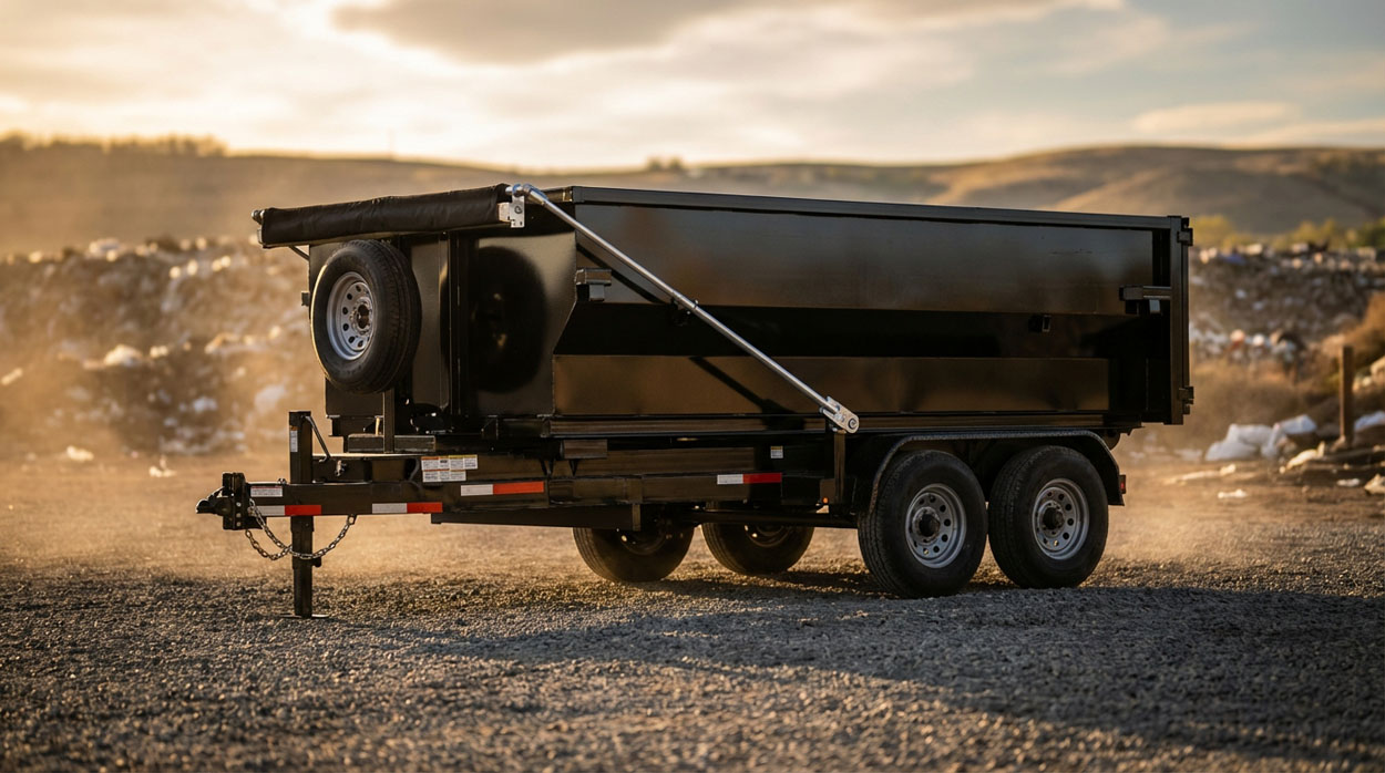 Heavy-duty black dump trailer used for dumpster rental service