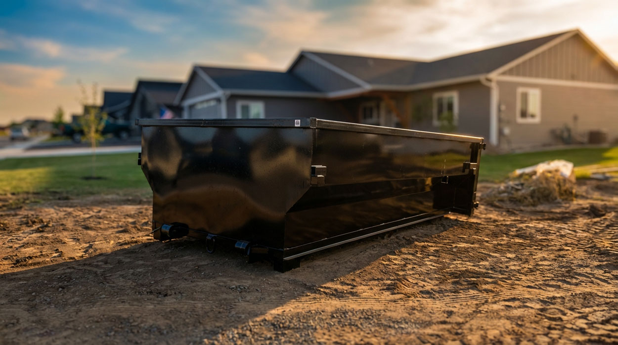 Residential roll-off dumpster rental in a driveway for a home cleanout project